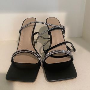 Women’s Rhinestone Lace Up Heels, black square toe NEW never worn with box!